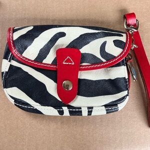 Dooney & Burke zebra print leather wristlet with red trim